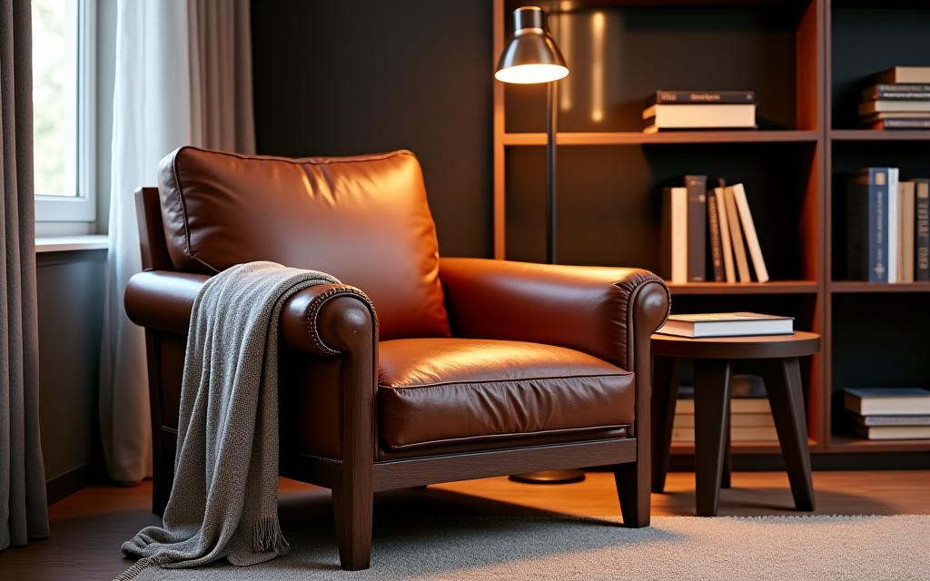 Eleganter Ledersessel 'Pilatus' neben einem Bücherregal.
