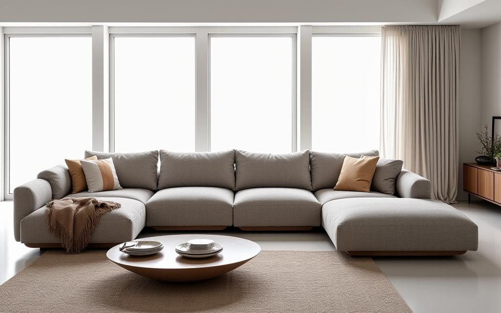 Grosses, modulares Sofa 'Eiger' in einem hellen Wohnzimmer.