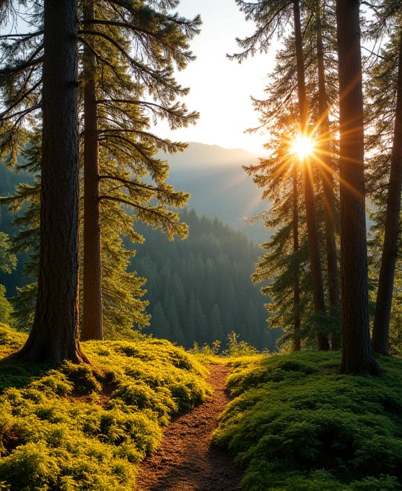 Sonnendurchfluteter Schweizer Nadelwald im Sommer.