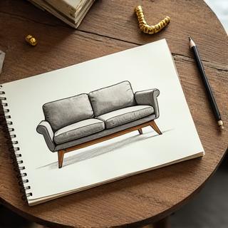 Handgezeichnete Skizze eines Sofas auf einem Holztisch.