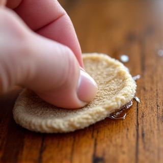 Hand, die ein natürliches Öl auf eine Holzoberfläche aufträgt.