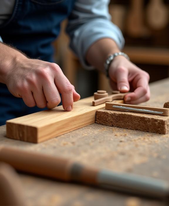 Ein Handwerker von AlpenHolz Design bearbeitet sorgfältig ein Stück Eichenholz.